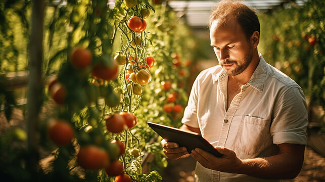 Botanical specialist with tablet inspecting cultivation tomatoes quality in greenhouse. Smart digital farming concept