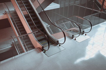 Modern Glass and Steel Escalators. Way of Transportation in Urban Settings