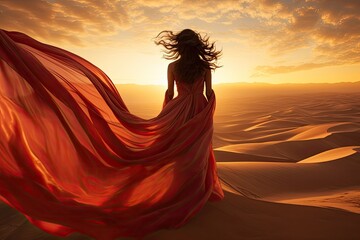 Woman in silk dress evolved on wind. Sunset, beach sand on background.