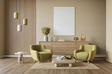 Exquisite apartment in soft neutral tones adorned with comfortable furnitre, elegent design and warm ambiance, 3d rendering  
