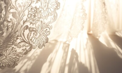 Lace curtains blowing in a window. Sun shining through lace wedding veil. Romantic whimsical bridal lace. Delicate intricate details wallpaper, Generative AI