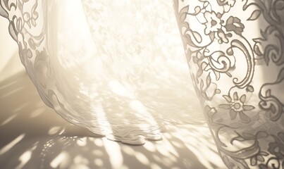 Lace curtains blowing in a window. Sun shining through lace wedding veil. Romantic whimsical bridal lace. Delicate intricate details wallpaper, Generative AI - obrazy, fototapety, plakaty