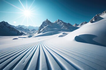 Ski slope with mountains on sunny day - obrazy, fototapety, plakaty