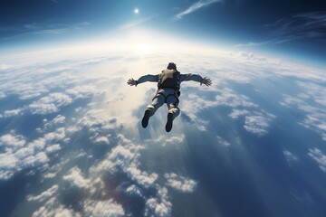 Skydiver in action from the space, Parachutist skydiving above the clouds from the space
