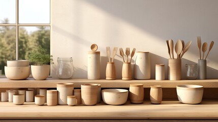Fototapeta na wymiar Kitchen utensils neatly arranged on the table generative ai