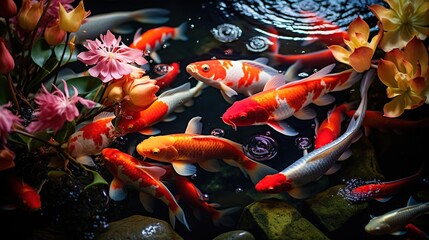 koi fish pond and full of colorfull generative ai - Powered by Adobe