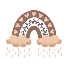 Boho rainbow with cloud in a naive children's style. Autumn colored illustration. Rainbow in warm pastel colors. Clipart for the design of greeting cards, invitations, prints, stickers and patterns.