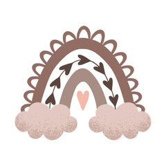 Boho rainbow with cloud in a naive children's style. Autumn colored illustration. Rainbow in warm pastel colors. Clipart for the design of greeting cards, invitations, prints, stickers and patterns.