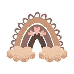 Boho rainbow with cloud in a naive children's style. Autumn colored illustration. Rainbow in warm pastel colors. Clipart for the design of greeting cards, invitations, prints, stickers and patterns.