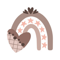 Boho rainbow with stars and hearts in naive children's style. Autumn warm pastel colored illustration of rainbow. Clipart for the design of greeting cards, invitations, prints, stickers and patterns.