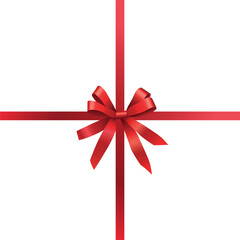 Vector realistic gift wrapping design with shiny red ribbons and bow isolated on transparent background