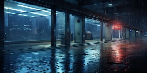 Rainy Night at the Metro Station Wet Sidewalk with Glowing Lights and Umbrellas, Urban Cityscape, Copy Space, Generative AI