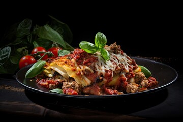 Tasty lasagne with meat covered with cheese served. Italian cuisine. Generative AI.