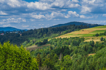 Naklejka na ściany i meble View of the Beskids on a beautiful summer day. The region of Poland, the Czech Republic and Slovakia.