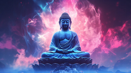 Statue of spiritual teacher buddha in calm rest pose with shining light on a dark background generative ai