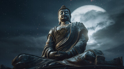 Statue of spiritual teacher buddha in calm rest pose with shining light on a dark background generative ai