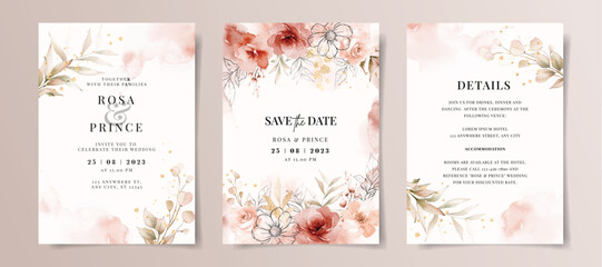 Fototapeta na wymiar Set of watercolor wedding invitation card template with red and peach floral and leaves decoration 