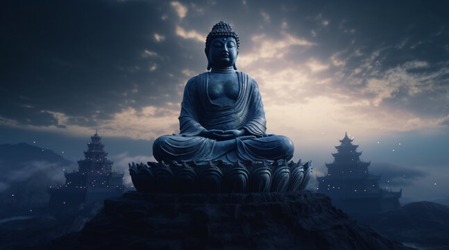 Statue of spiritual teacher buddha in calm rest pose with shining light on a dark background generative ai