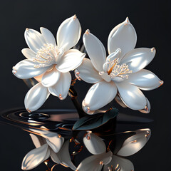 Beautiful two white jasmine flowers on a dark background with reflection.