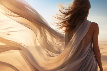 Woman in silk dress evolved on wind. beach sand on background.
