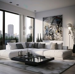 A living room with a large painting on the wall with white interior