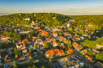 Kazimierz Dolny seen from a drone at sunset. Summer.