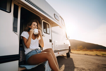 A beautiful young woman sits on the doorstep of a motorhome and drinks coffee. - obrazy, fototapety, plakaty