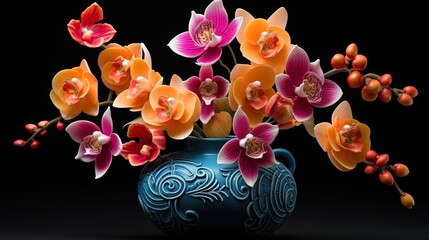 Orchid flowers colorful in vase on a black background generative ai