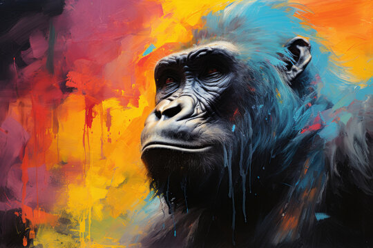 AI-crafted image featuring a powerful gorilla against a vibrant and colorful background, portraying strength and intelligence.