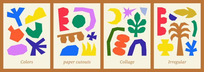 Abstract poster designs. Colorful and irregular shapes. Flat vector illustrations in paper cut style. Collage compositions. Organic and naive artworks for wall art or postcard.
