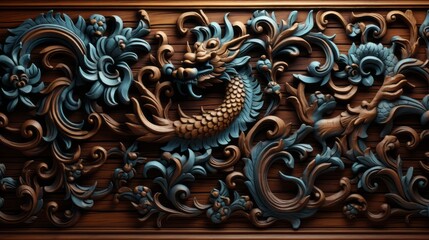 Carved in Culture Thai Pattern Wood Wall Featuring Mythical Kirin and Dragon Figures