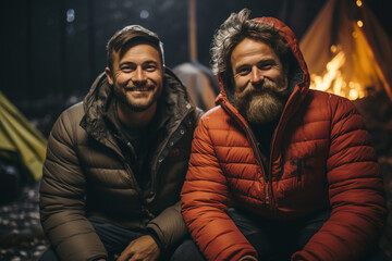 Fototapeta na wymiar Love and Campfire Glow: A gay couple shares a tender moment while camping at night, their hearts warmed by the crackling campfire