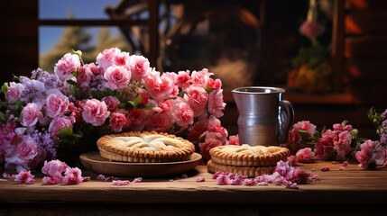 Pies and a bouquet of petunias on a wooden table generative ai