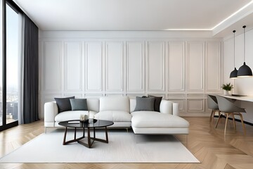Fototapeta premium White minimalist luxury penthouse living room interior with sofa on a wooden floor, decor on a large white wall. Side view