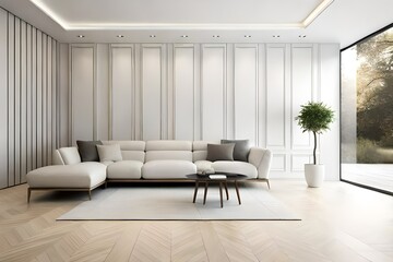 White minimalist luxury living room interior with white sofa on a wooden floor, blank large white wall