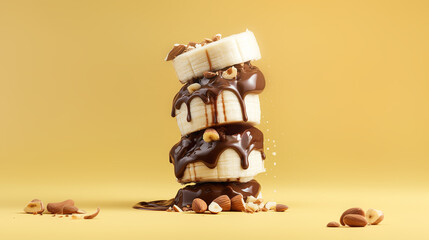 Banana Slices Layered with Chocolate and Almonds on Yellow Background