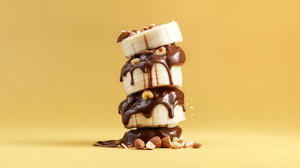 Banana Slices Layered with Chocolate sprinkled with almonds, monochrome yellow background