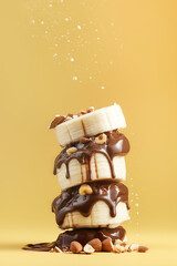 Pile of banana slices with chocolate dripping and sprinkled with almonds, monochrome yellow background