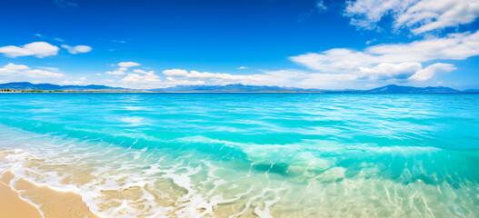 A tropical ocean scene with sand, sun with blue sky. Paradise island concept.