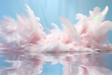 Pink feathers in light blue background on water reflection generative ai