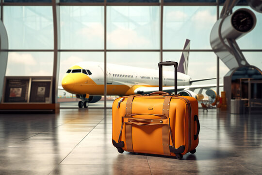 Luggage in an airport terminal with a plane in background. Travel or vacation concept.