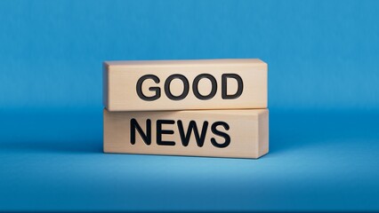 Good News symbol. Wooden blocks with words 'Good News'. Wooden cube blocks. Copy space.3D rendering on blue background.
