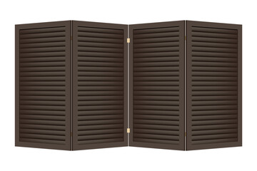 Four-fold dark wooden interior folding screen with horizontal slats. Vector illustration on a white background. Object for dividing a room. Vintage paravan for changing clothes and toilet