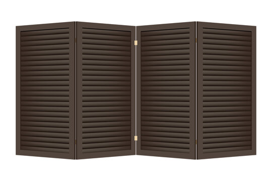 Four-fold dark wooden interior folding screen with horizontal slats. Vector illustration on a white background. Object for dividing a room. Vintage paravan for changing clothes and toilet