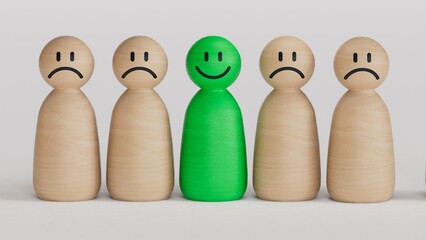 Smiley face on wooden mixture figure separate from sadness face on wooden table , Emotion select and mindset concept.3D rendering on white background.
