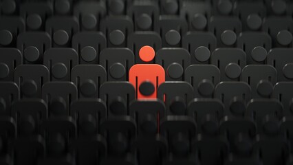 Unique color red human shape among dark ones. Leadership, individuality and standing out of crowd concept.3D rendering on black background.
