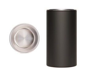 Realistic black cardboard craft tube with silver cap isolated on white. Top view of the lid. Gift and souvenir packing for products - tea, coffee, perfumery, mailing. Paper tube vector mockup.