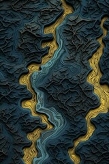 Topography map of many winding rivers like ribbons thrown across the earth