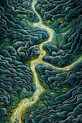 Topography map of many winding rivers like ribbons thrown across the earth