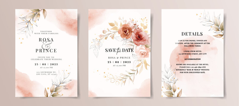 Set of watercolor wedding invitation card template with red and peach floral and leaves decoration	